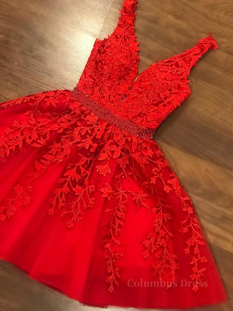 A Line V Neck Short Red Lace Corset Prom Dresses, Short Red Lace Corset Formal Corset Homecoming Dresses outfit, Garden Wedding