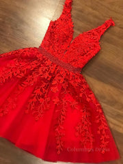 A Line V Neck Short Red Lace Corset Prom Dresses, Short Red Lace Corset Formal Corset Homecoming Dresses outfit, Garden Wedding