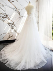 A-line V-neck Short Sleeves Hand-Made Flower Court Train Tulle Corset Wedding Dress outfit, Wedding Dress Online