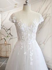 A-line V-neck Short Sleeves Hand-Made Flower Court Train Tulle Corset Wedding Dress outfit, Wedding Dress Trends