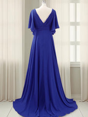 A-line V-neck Short Sleeves Pleated Sweep Train Chiffon Mother of the Bride Dress outfit, Unique Prom Dress