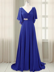 A-line V-neck Short Sleeves Pleated Sweep Train Chiffon Mother of the Bride Dress outfit, Purple Dress