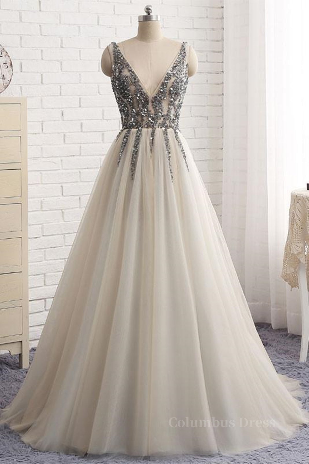 A Line V Neck Silver Gray Long Corset Prom Dresses, Silver Grey Beaded Long Corset Formal Evening Dresses outfit, Modest Prom Dress