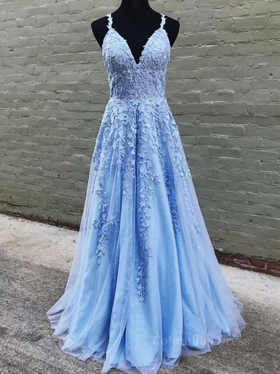A Line V Neck Sky Blue Lace Corset Prom Dresses, Light Blue Lace Corset Formal Evening Dresses outfit, Mother Of The Bride Dress