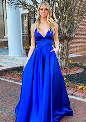 A-line V Neck Sleeveless Charmeuse Long/Floor-Length Corset Prom Dress With Pockets Gowns, Party Dresses Christmas