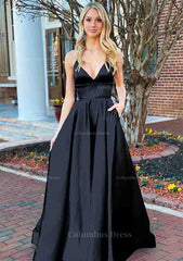 A-line V Neck Sleeveless Charmeuse Long/Floor-Length Corset Prom Dress With Pockets Gowns, Party Dresses Classy Christmas