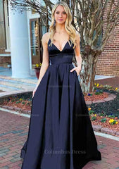 A-line V Neck Sleeveless Charmeuse Long/Floor-Length Corset Prom Dress With Pockets Gowns, Party Dress Classy Christmas