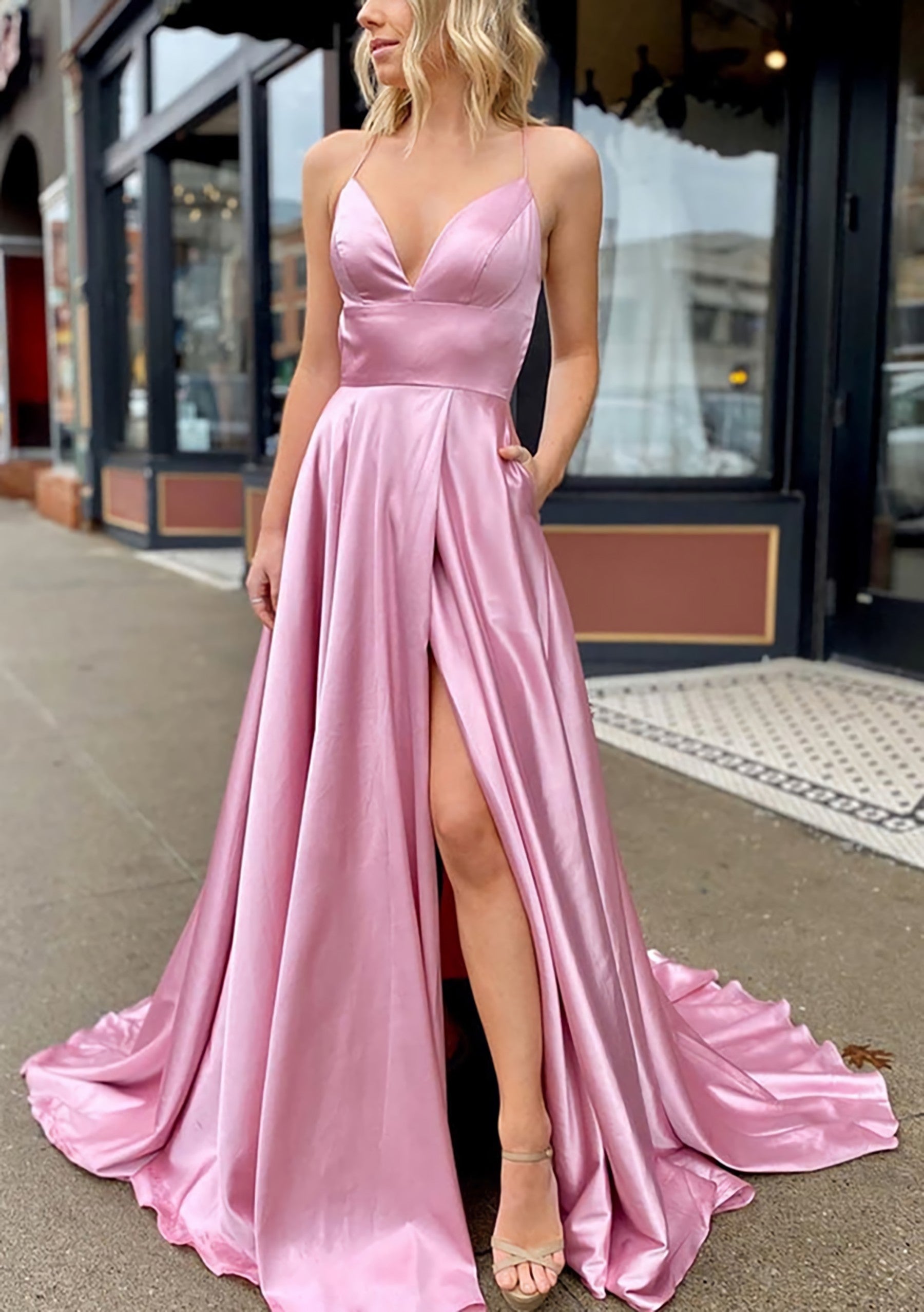 A-line V Neck Sleeveless Charmeuse Sweep Train Corset Prom Dress With Pockets Gowns, Bridesmaid Dress Designs