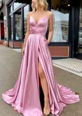 A-line V Neck Sleeveless Charmeuse Sweep Train Corset Prom Dress With Pockets Gowns, Bridesmaid Dress Designs