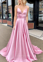 A-line V Neck Sleeveless Charmeuse Sweep Train Corset Prom Dress With Pockets Gowns, Bridesmaid Dress Designer