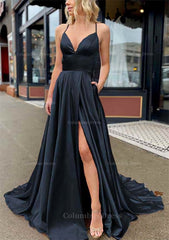 A-line V Neck Sleeveless Charmeuse Sweep Train Corset Prom Dress With Pockets Gowns, Bridesmaid Dresses Designers