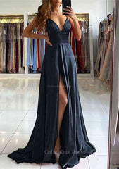 A-line V Neck Sleeveless Charmeuse Sweep Train Corset Prom Dress With Split outfit, Bridesmaid Dress 2081