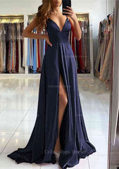 A-line V Neck Sleeveless Charmeuse Sweep Train Corset Prom Dress With Split outfit, Bridesmaid Dress 2082