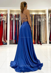 A-line V Neck Sleeveless Charmeuse Sweep Train Corset Prom Dress With Split outfit, Prom Dress Silk