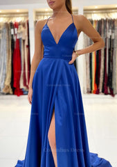 A-line V Neck Sleeveless Charmeuse Sweep Train Corset Prom Dress With Split outfit, Prom Dresses Long Open Back
