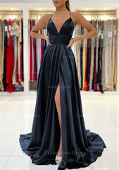 A-line V Neck Sleeveless Charmeuse Sweep Train Corset Prom Dress With Split outfit, Prom Dress Long Open Back