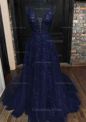A-line V Neck Sleeveless Lace Court Train Corset Prom Dress With Pleated Gowns, Semi Formal Outfit