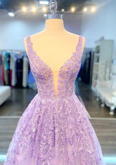 A-line V Neck Sleeveless Long/Floor-Length Lace Corset Prom Dress With Beading outfit, Formal Dress Long Elegant