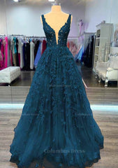 A-line V Neck Sleeveless Long/Floor-Length Lace Corset Prom Dress With Beading outfit, Formal Dress For Teen