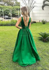 A-line V Neck Sleeveless Long/Floor-Length Satin Corset Prom Dress With Pleated Gowns, Party Dress For Ladies