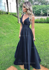 A-line V Neck Sleeveless Long/Floor-Length Satin Corset Prom Dress With Pleated Gowns, Party Dresses For Ladies
