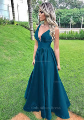 A-line V Neck Sleeveless Long/Floor-Length Satin Corset Prom Dress With Pleated Gowns, Party Dress Europe