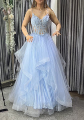 A-line V Neck Sleeveless Long/Floor-Length Tulle Charmeuse Corset Prom Dress With Appliqued Lace outfit, Homecoming Dress Red