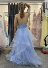 A-line V Neck Sleeveless Long/Floor-Length Tulle Charmeuse Corset Prom Dress With Appliqued Lace outfit, Homecoming Dress Fitted