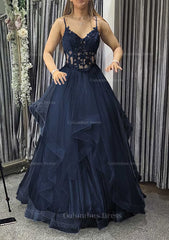 A-line V Neck Sleeveless Long/Floor-Length Tulle Charmeuse Corset Prom Dress With Appliqued Lace outfit, Homecoming Dresses Fitted
