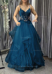 A-line V Neck Sleeveless Long/Floor-Length Tulle Charmeuse Corset Prom Dress With Appliqued Lace outfit, Homecomming Dresses Fitted