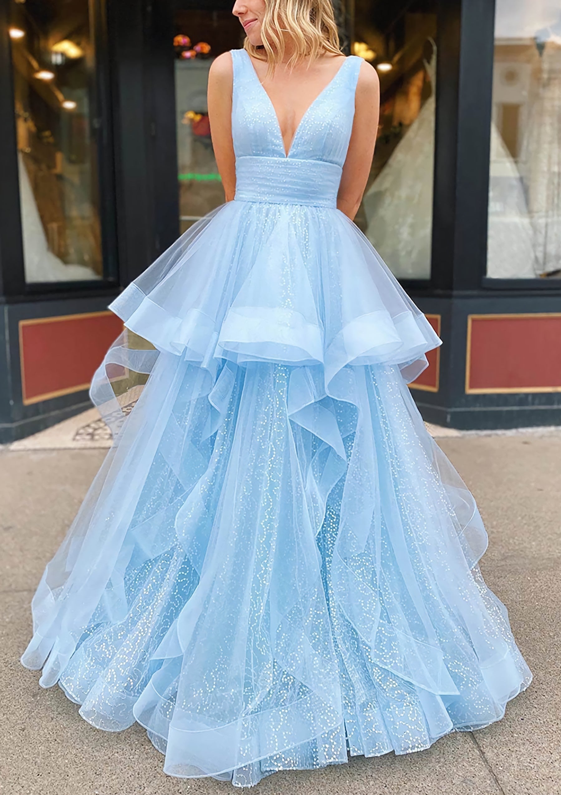 A-line V Neck Sleeveless Long/Floor-Length Tulle Glitter Corset Prom Dress With Pleated Gowns, Bridesmaid Dress 2025