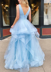 A-line V Neck Sleeveless Long/Floor-Length Tulle Glitter Corset Prom Dress With Pleated Gowns, Bridesmaid Dress 2026