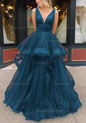 A-line V Neck Sleeveless Long/Floor-Length Tulle Glitter Corset Prom Dress With Pleated Gowns, Bridesmaid Dresses Red