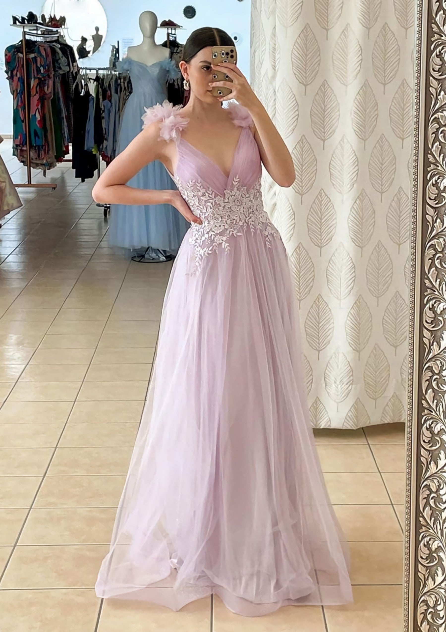 A-line V Neck Sleeveless Long/Floor-Length Tulle Corset Prom Dress With Appliqued Beading Flowers outfit, Prom Dresses Purple