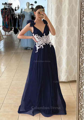 A-line V Neck Sleeveless Long/Floor-Length Tulle Corset Prom Dress With Appliqued Beading Flowers outfit, Prom Dresses Laced