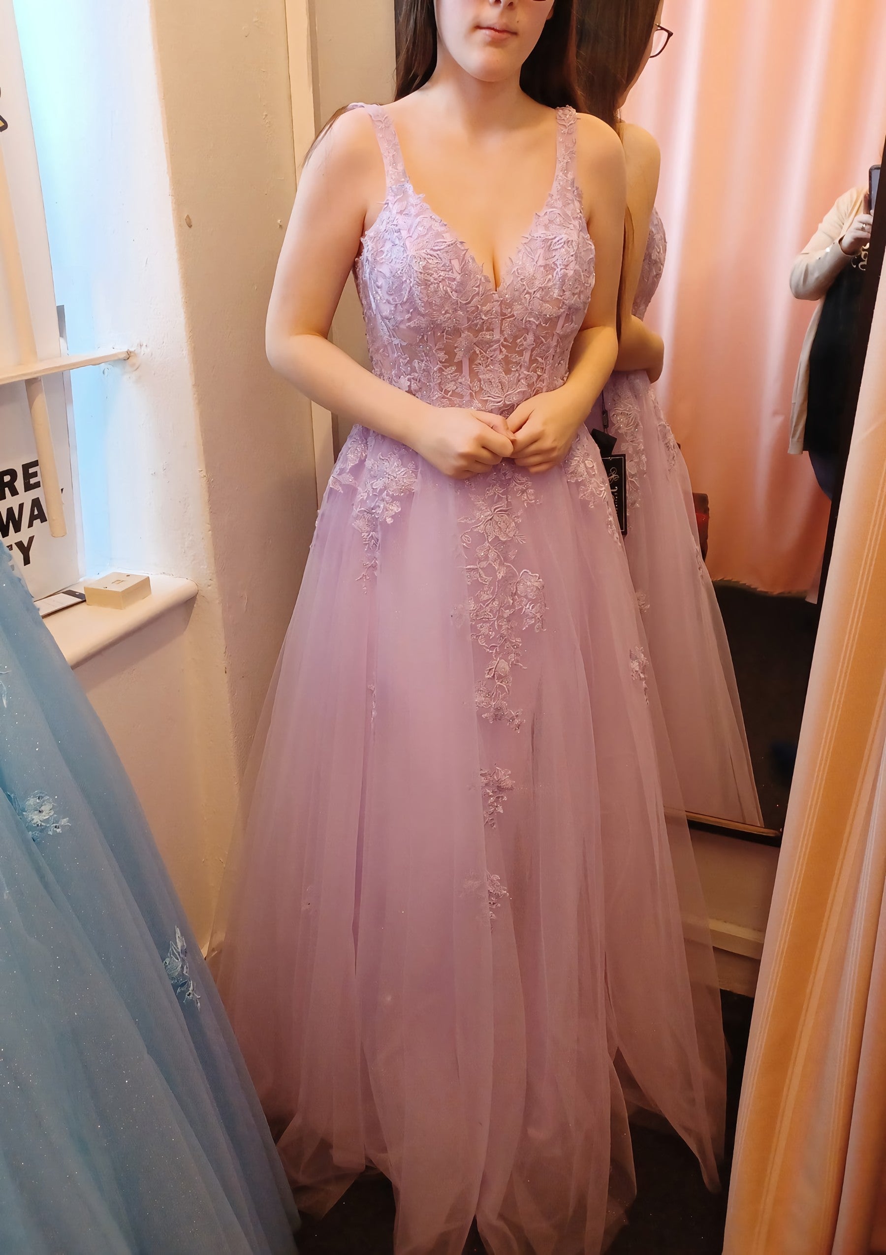 A-line V Neck Sleeveless Long/Floor-Length Tulle Corset Prom Dress With Appliqued Lace outfit, Prom Dress 00