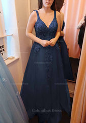 A-line V Neck Sleeveless Long/Floor-Length Tulle Corset Prom Dress With Appliqued Lace outfit, Prom Dress Under 50