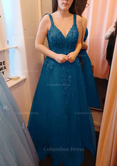 A-line V Neck Sleeveless Long/Floor-Length Tulle Corset Prom Dress With Appliqued Lace outfit, Prom Dresses 2022 Ball Gown