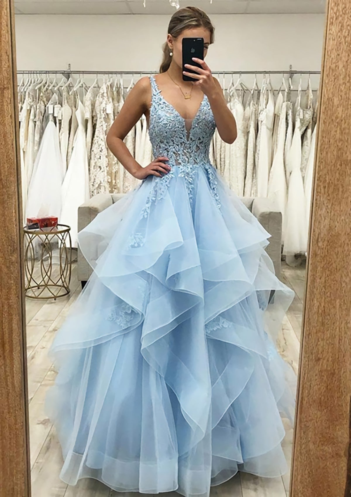 A-line V Neck Sleeveless Long/Floor-Length Tulle Satin Corset Prom Dress With Lace Appliqued Gowns, Plu Size Prom Dress