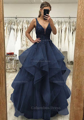 A-line V Neck Sleeveless Long/Floor-Length Tulle Satin Corset Prom Dress With Lace Appliqued Gowns, Sparklie Prom Dress