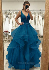 A-line V Neck Sleeveless Long/Floor-Length Tulle Satin Corset Prom Dress With Lace Appliqued Gowns, Long Prom Dress