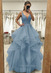 A-line V Neck Sleeveless Long/Floor-Length Tulle Satin Corset Prom Dress With Lace Appliqued Gowns, Girl Dress