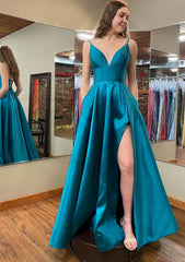 A-line V Neck Sleeveless Satin Long/Floor-Length Corset Prom Dress With Pockets Split Gowns, Bridesmaid Dresses Style