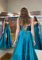 A-line V Neck Sleeveless Satin Long/Floor-Length Corset Prom Dress With Pockets Split Gowns, Bridesmaids Dresses Styles