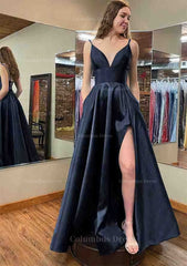 A-line V Neck Sleeveless Satin Long/Floor-Length Corset Prom Dress With Pockets Split Gowns, Bridesmaids Dress Style