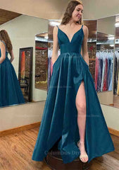 A-line V Neck Sleeveless Satin Long/Floor-Length Corset Prom Dress With Pockets Split Gowns, Bridesmaids Dress Styles