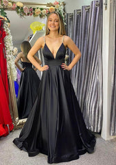 A-line V Neck Sleeveless Satin Sweep Train Corset Prom Dress With Beading outfit, Champagne Prom Dress
