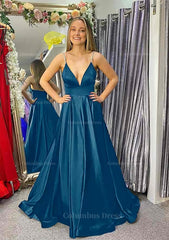 A-line V Neck Sleeveless Satin Sweep Train Corset Prom Dress With Beading outfit, Long Dress Design