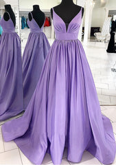 A-line V Neck Sleeveless Satin Sweep Train Corset Prom Dress With Pleated Gowns, Homecoming Dress Cute