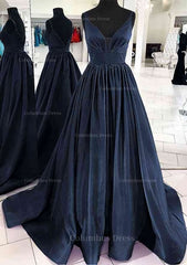 A-line V Neck Sleeveless Satin Sweep Train Corset Prom Dress With Pleated Gowns, Homecoming Dress Inspo